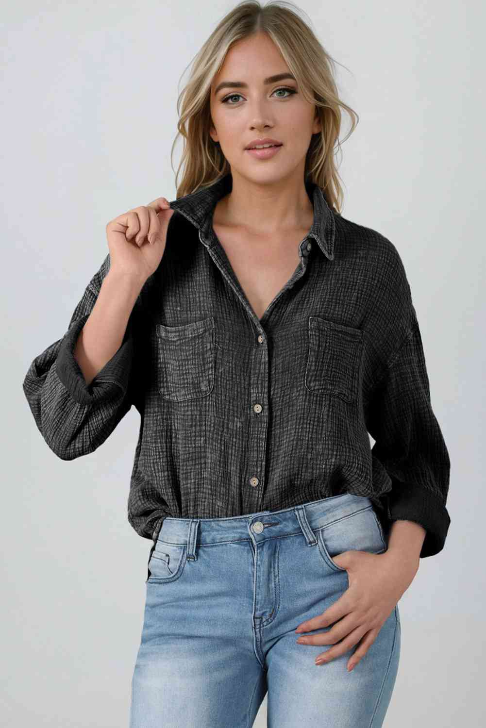 Textured Crinkle Collared Button Front Long Sleeve Chest Pocket Shirt 10