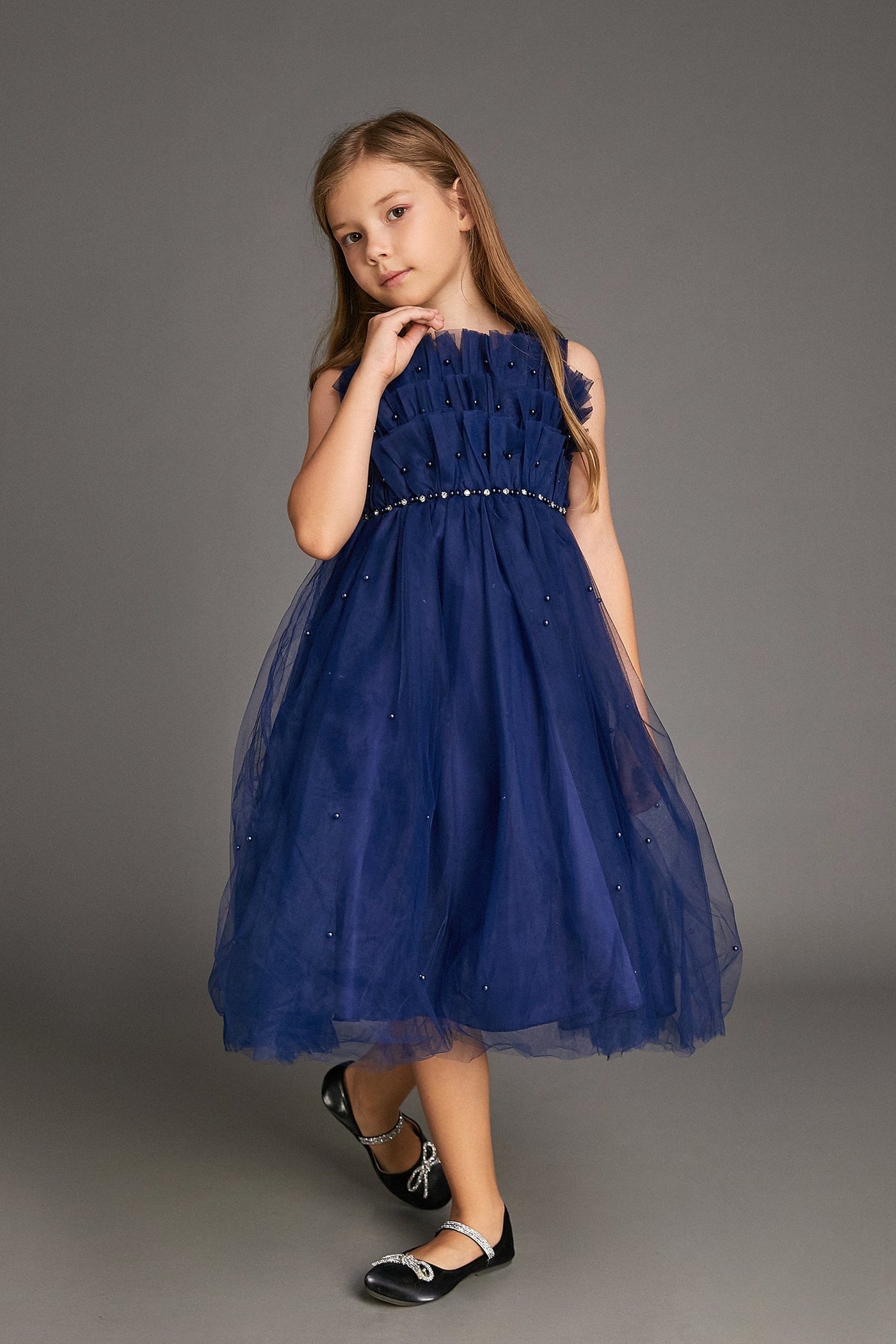 Kids Midnight Blue Strapless Ruffled Maxi Party Dress - View 3