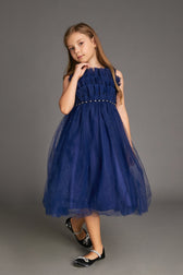 Kids Midnight Blue Strapless Ruffled Maxi Party Dress - View 3