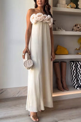 Blooming Flower Applique Elastic Off Shoulder Maxi Dress