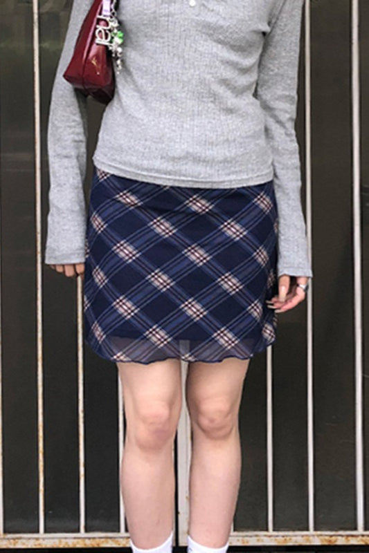 Plaid Mesh Overlay Lettuce Hem A-Line Mini Skirt