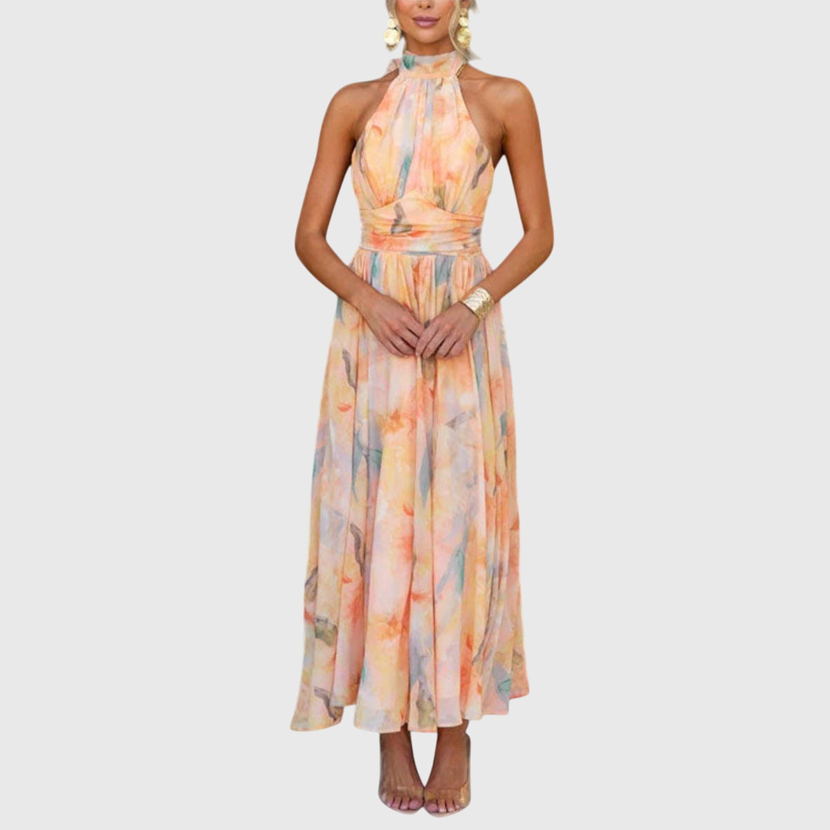 Watercolor Floral Halter Neck Sleeveless Maxi Dress