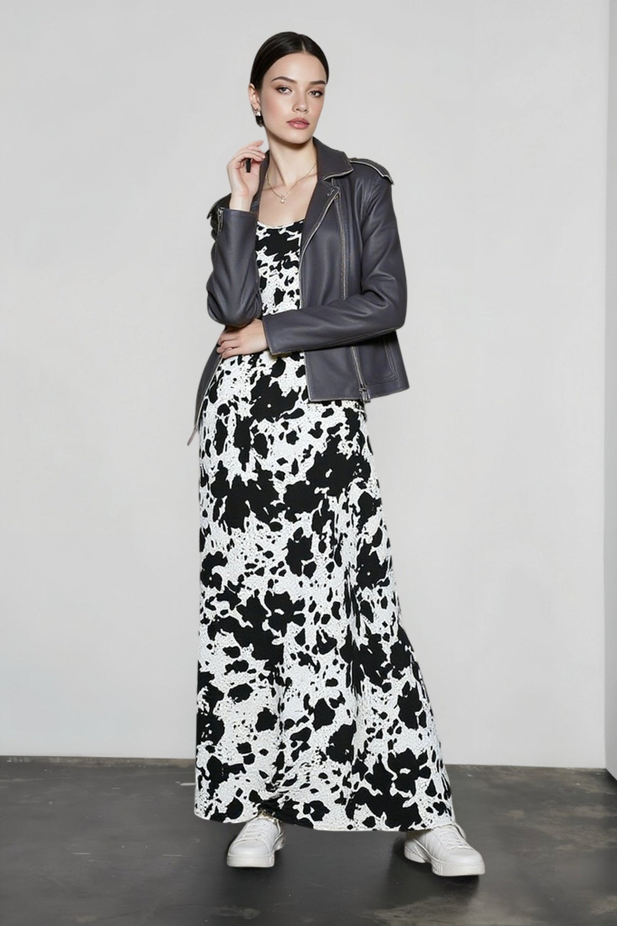 Cow Print Scoop Neck Spaghetti Strap Contrast Trim Slip Dress 3