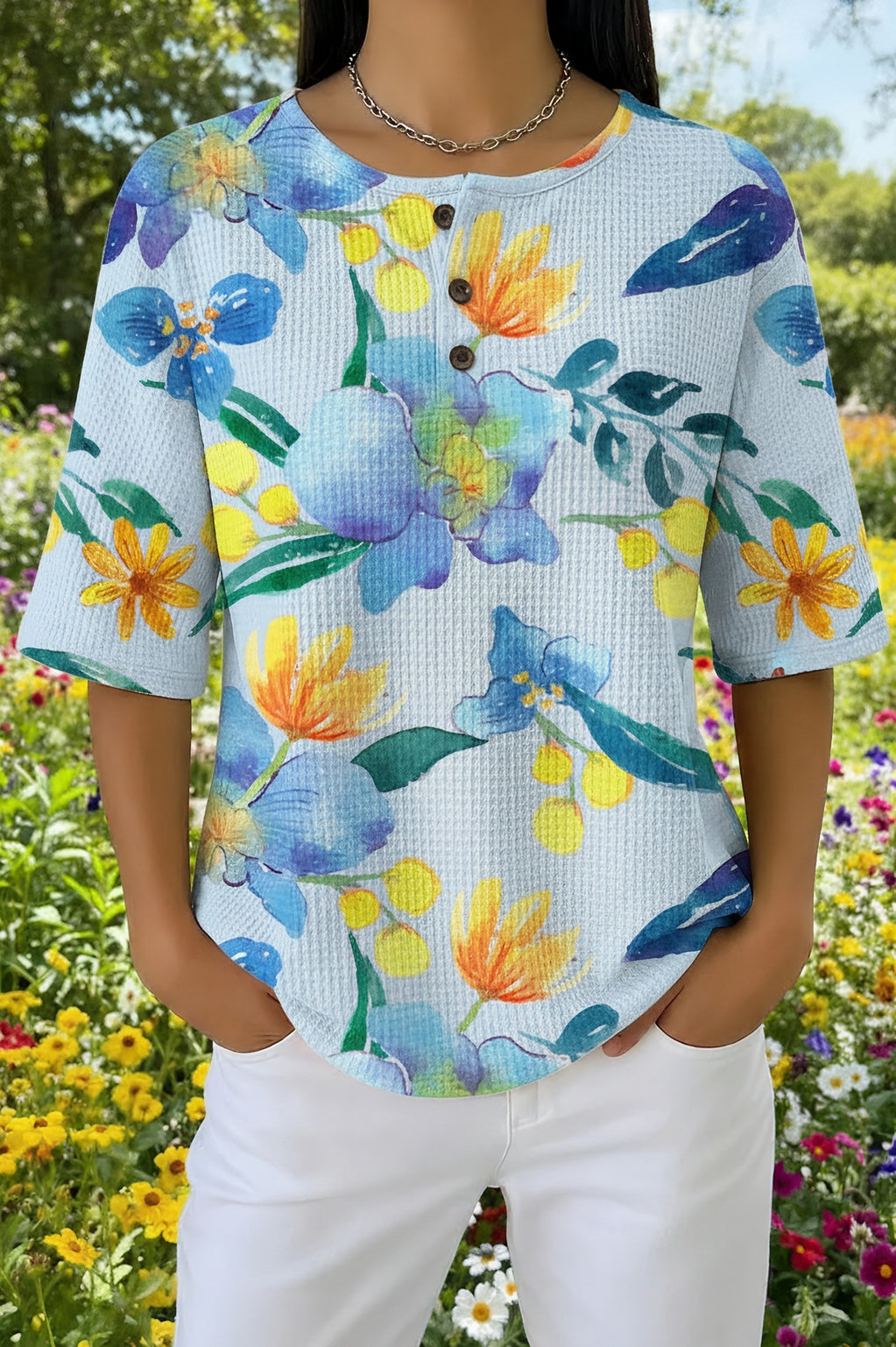 Watercolor Floral Waffle Knit Button Placket Short Sleeve Top
