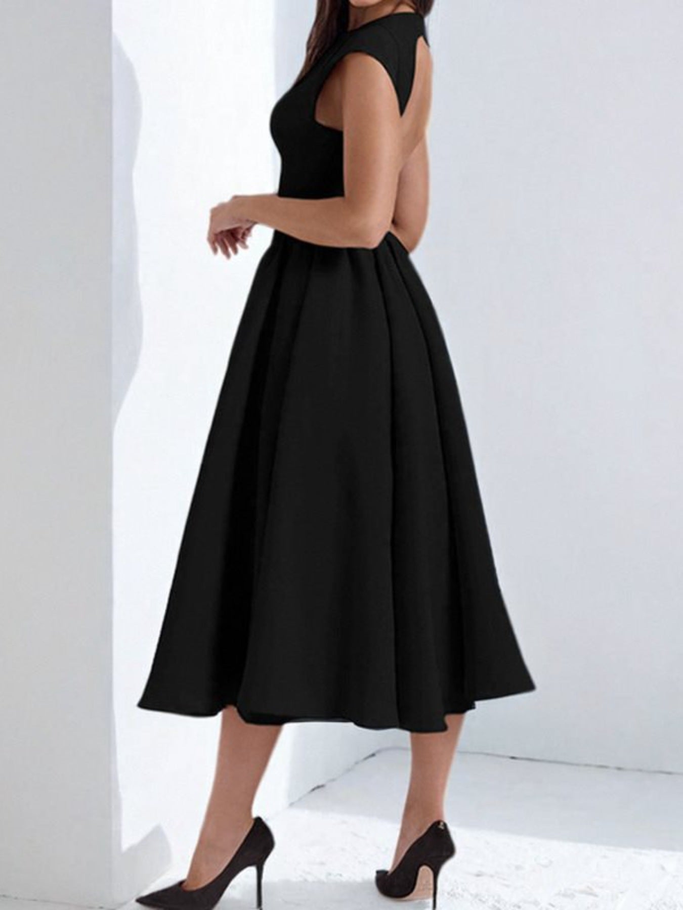 Satin Boat Neck Cap Sleeve Fit and Flare Midi Dress 10
