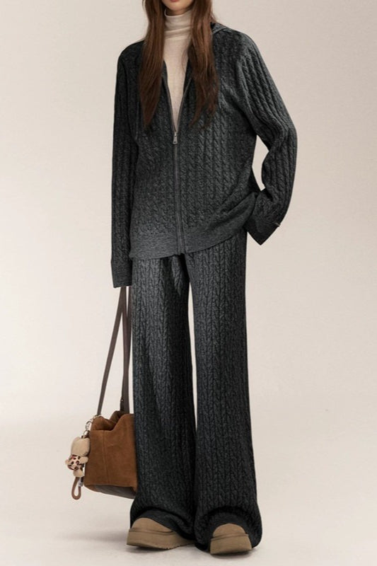 Cable Knit Zip Front Hoodie and Wide Leg Pants Two Piece Set 3
