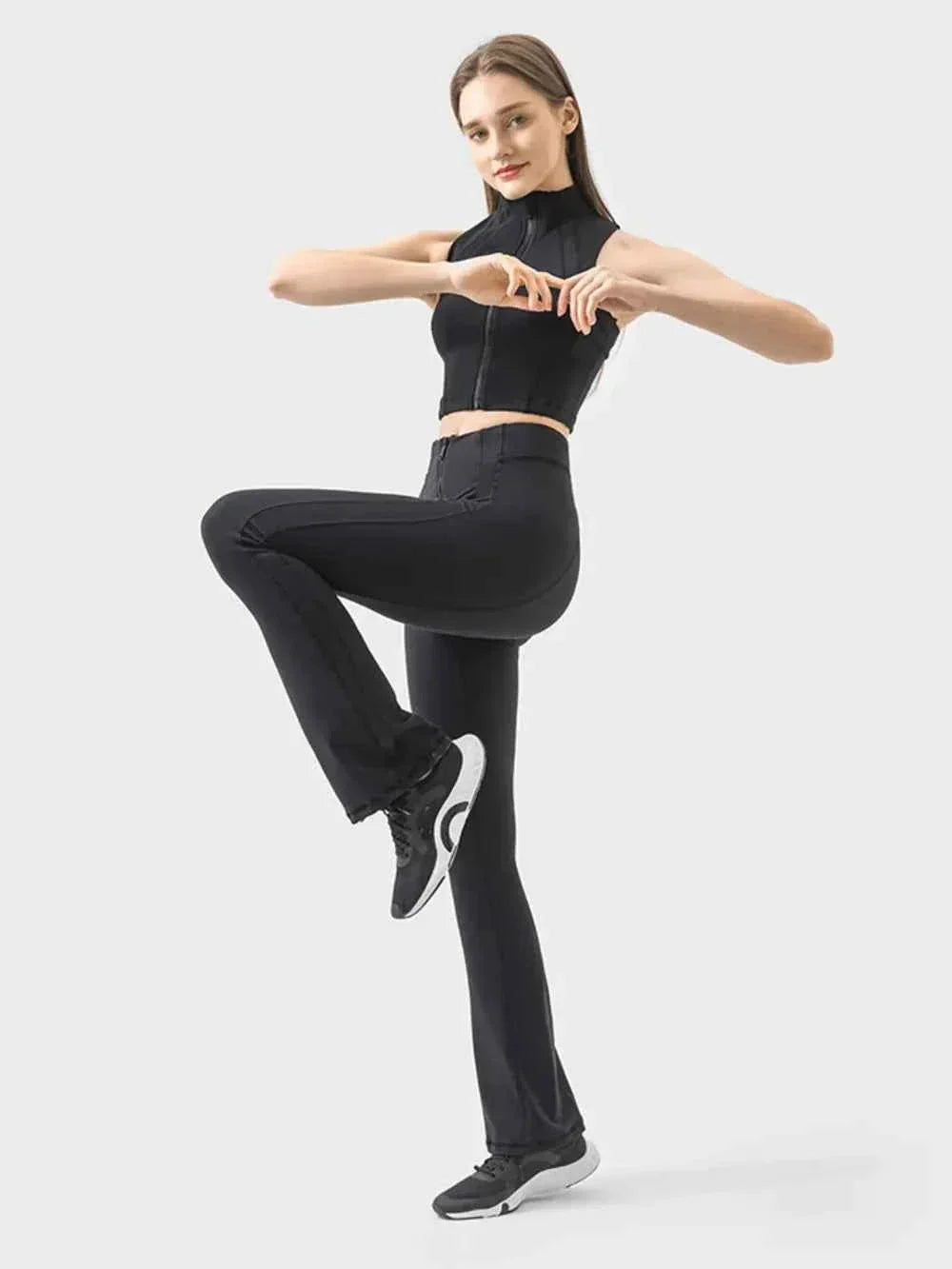 High Waist Zip Front Seam Detail Flare Active Pants 3
