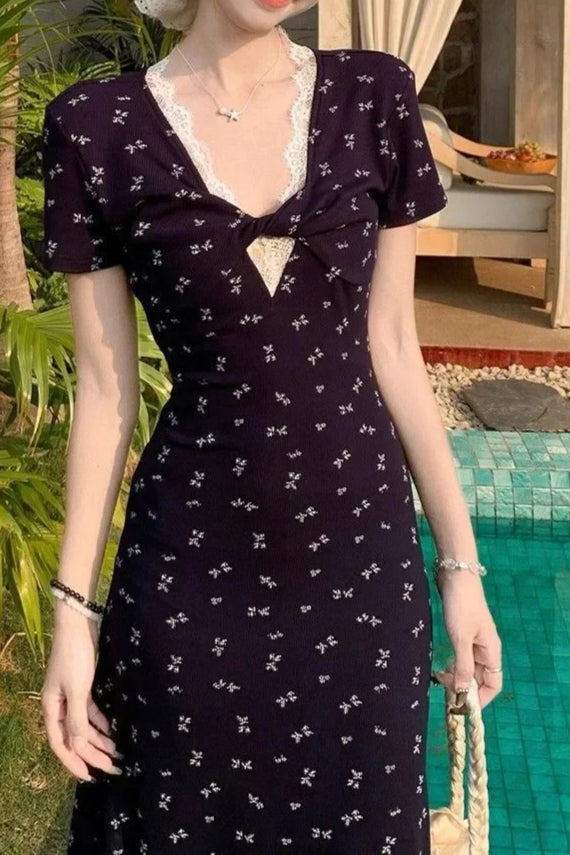 V - neck Waist - cinching Slim Floral Dress