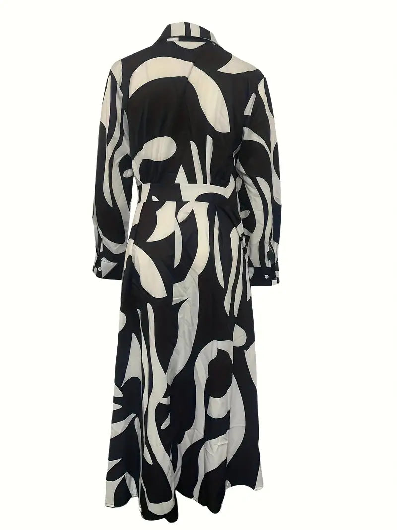 Abstract Swirl Print Collared Button Front Belted Long Sleeve Maxi Dress