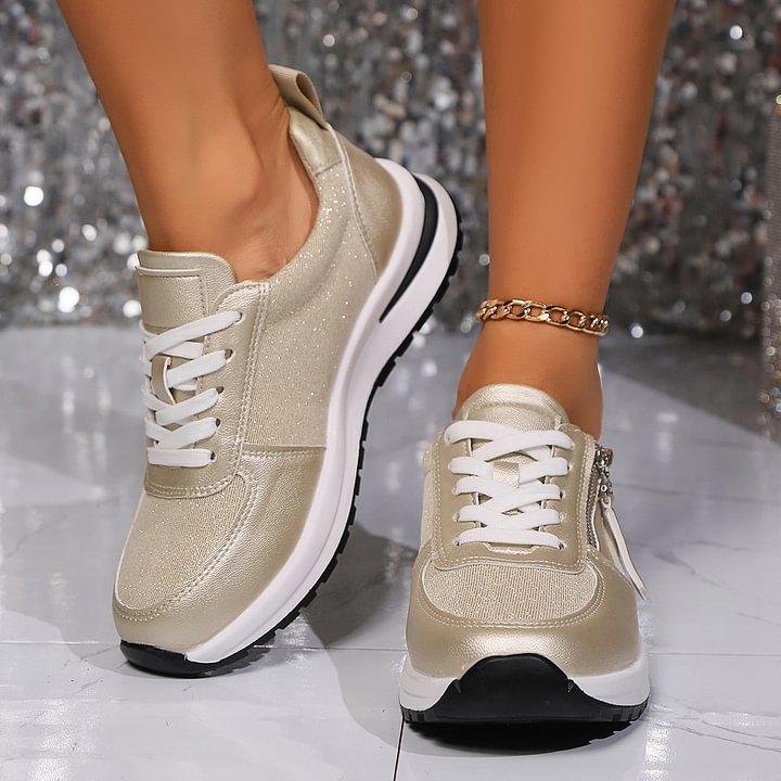 Lace Up Side Zip Glitter Platform Sneakers