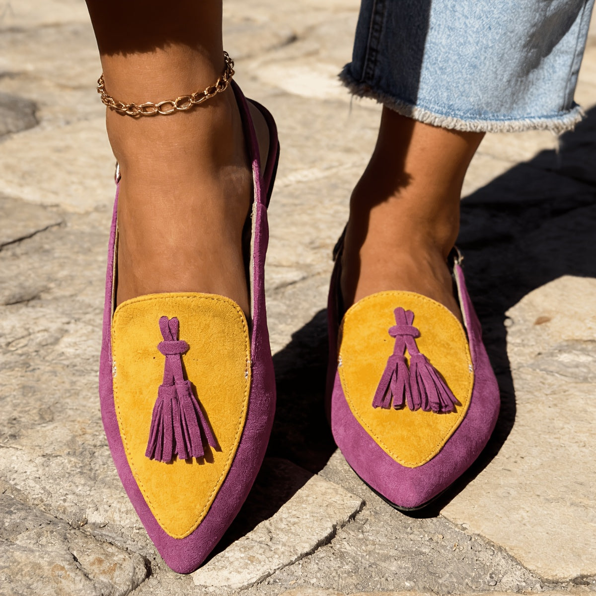 Leopard Print Pointed Toe Tassel Slingback Flats