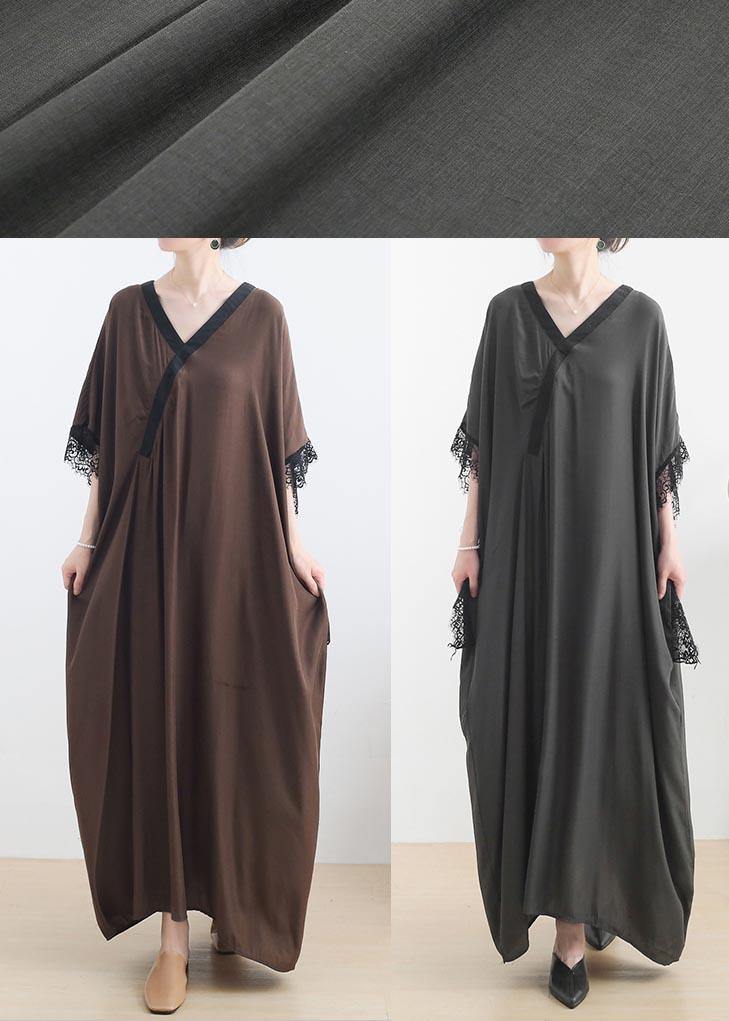 Deep V-Neck Wrap Overlay Batwing Sleeve Lace Trim Pocket Kaftan Maxi Dress