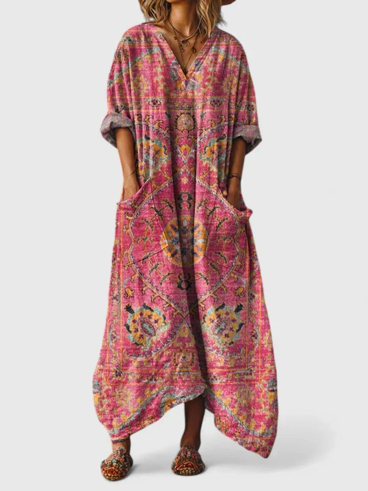 Ornate Print V-Neck Pocket Kaftan Maxi Dress 3