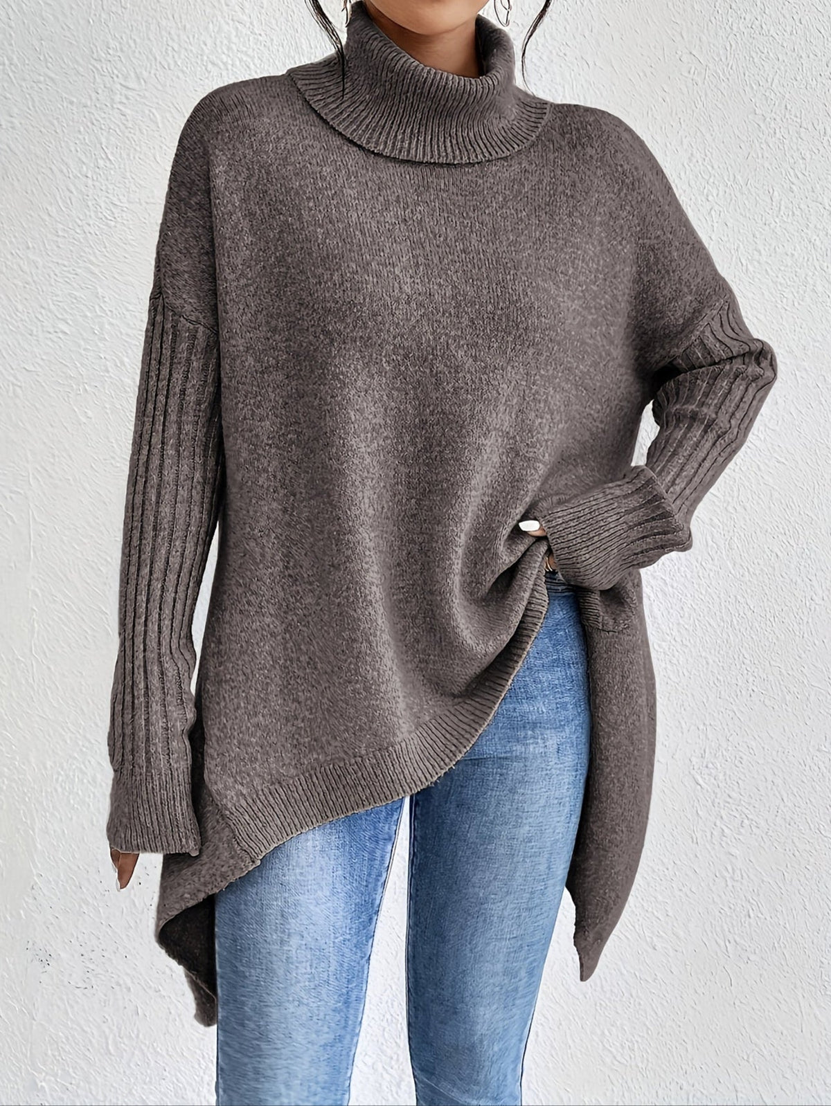 Turtleneck Oversized High Low Tunic Sweater