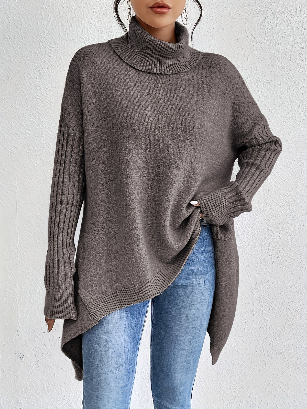 Turtleneck Long Sleeve Oversized High Low Sweater