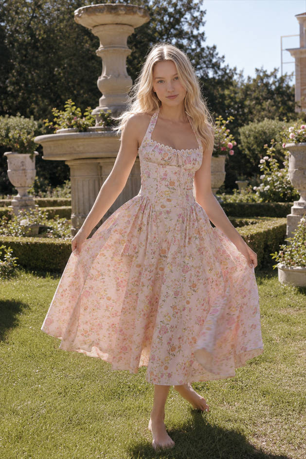 Halter Neck Slim Strap Floral Dress