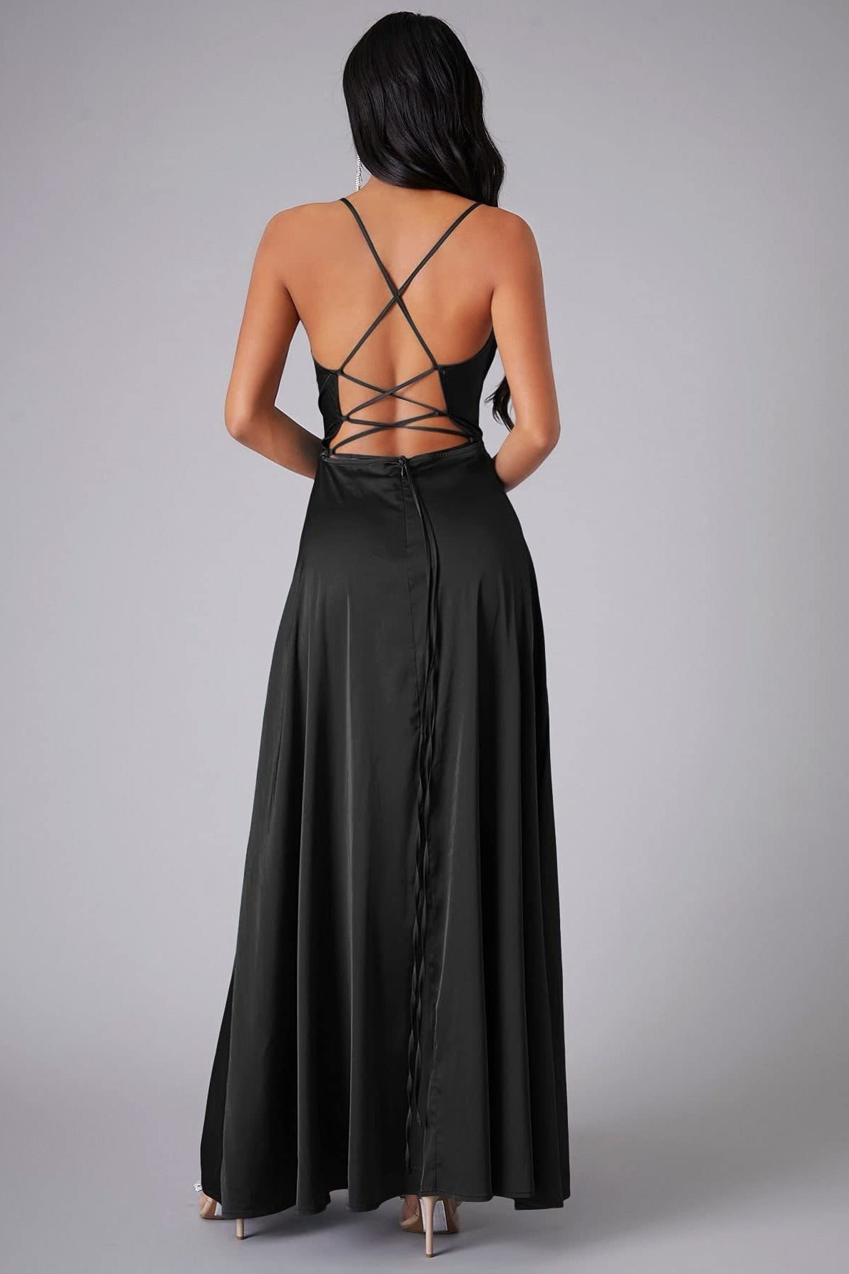 Satin Cowl Neck Spaghetti Strap High Split Maxi Formal Dress