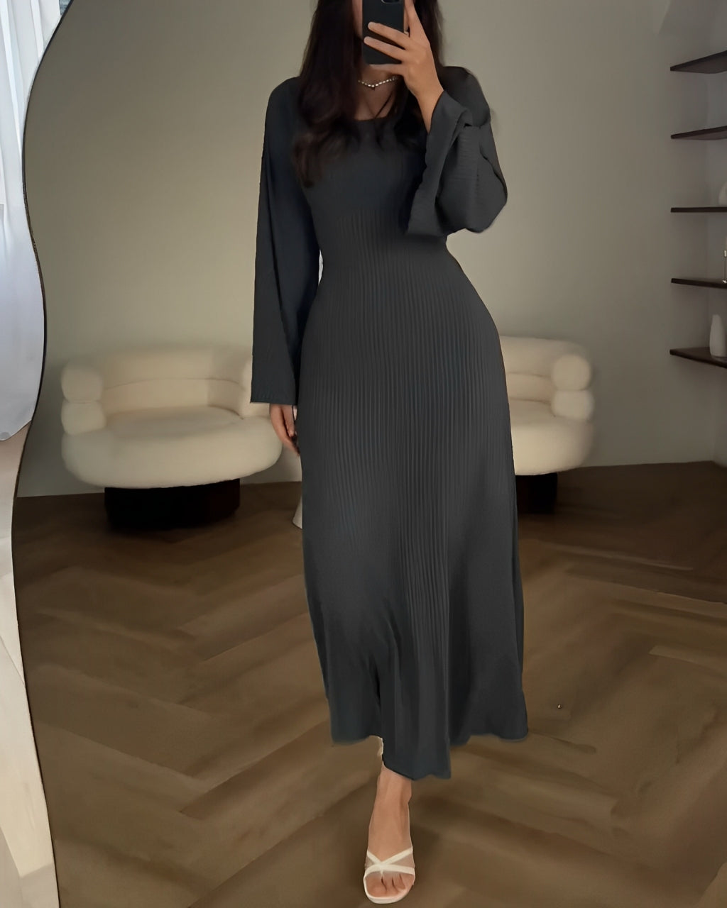 Ribbed Knit Square Neck Long Sleeve Side Split Bodycon Maxi Dress