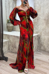 Sunset Serenade Printed Off Shoulder Diamond Maxi Dress - View 9