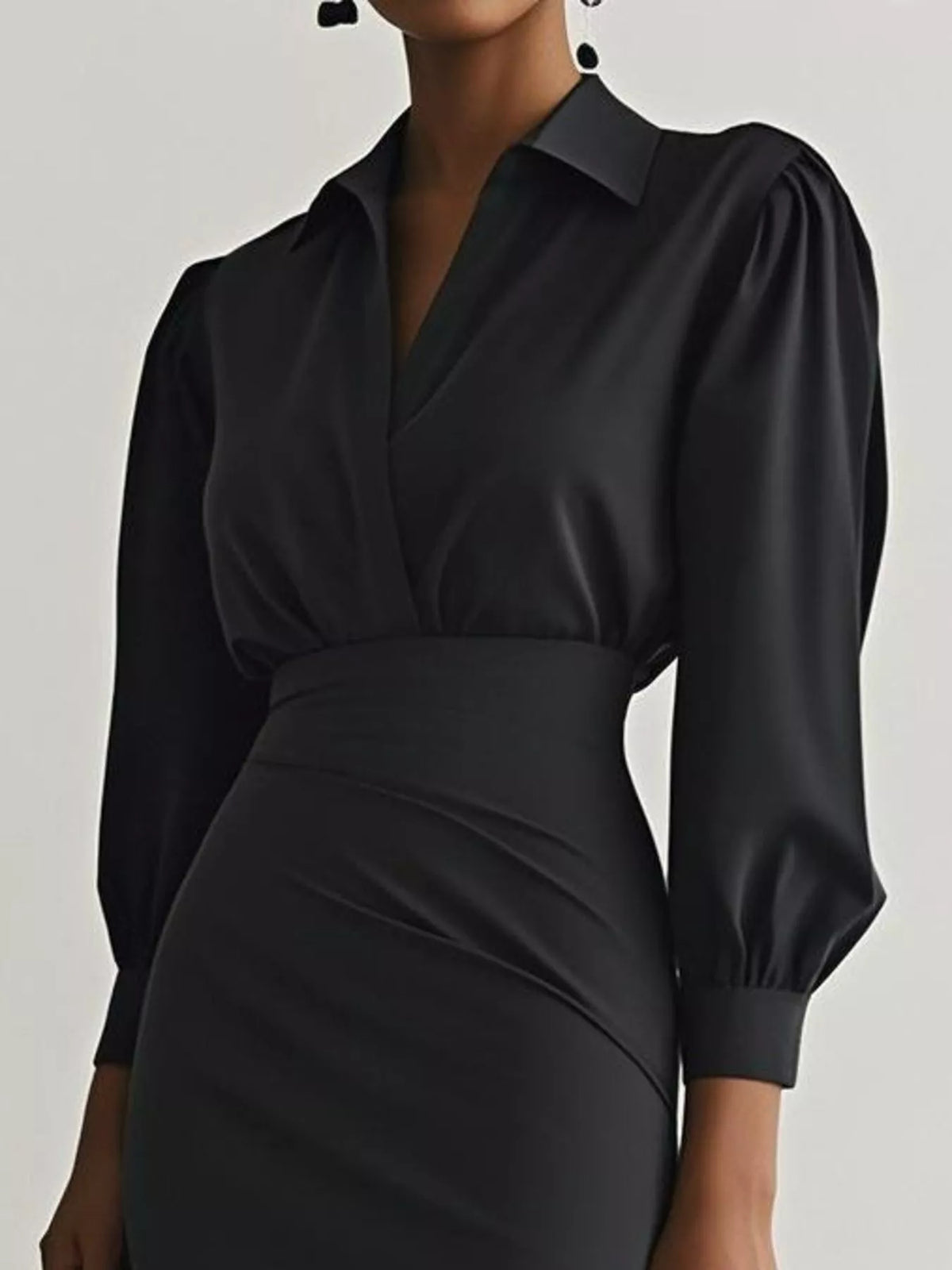 Collared V-Neck Puff Sleeve Ruched Side Slit Midi Shirt Dress 3