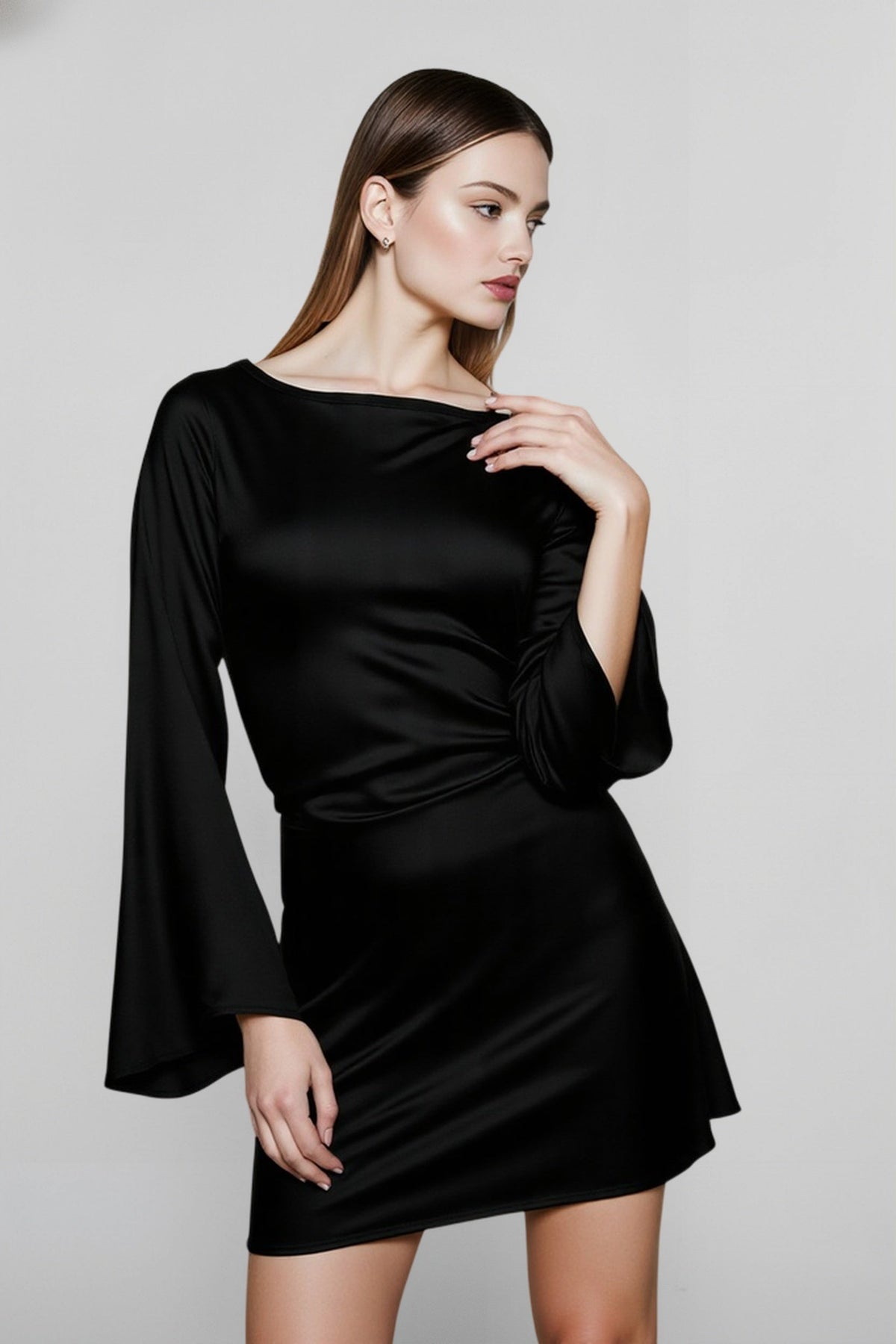 Satin Boat Neck Long Bell Sleeve Ruched Mini Dress 4