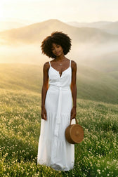 Elegant V Neck Tunic Ruffles Maxi Dress