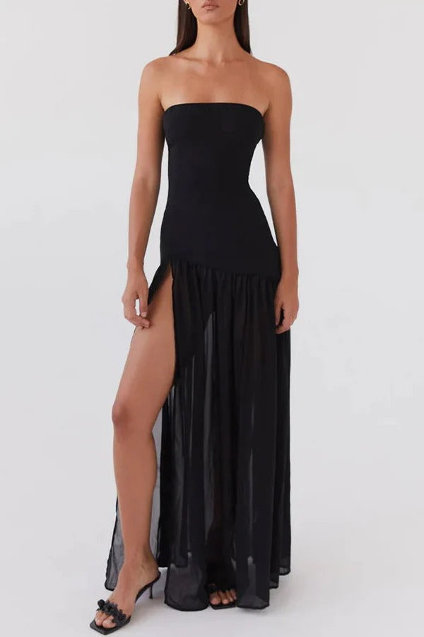 Strapless Drop Waist Gathered Skirt High Split Maxi Dress 12