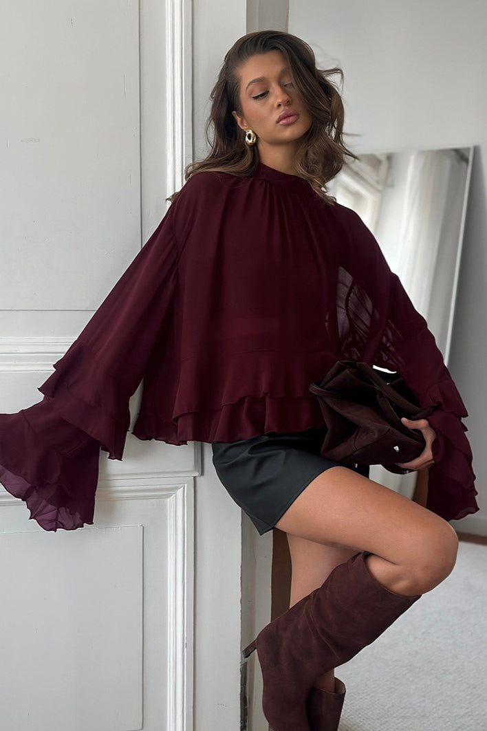 Mock Neck Tiered Ruffle Hem Flare Sleeve Chiffon Blouse