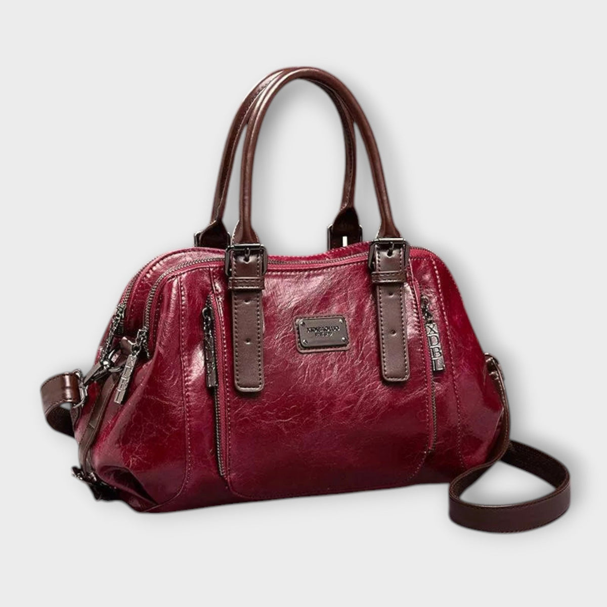 Buckle Strap Zip Faux Leather Satchel Handbag