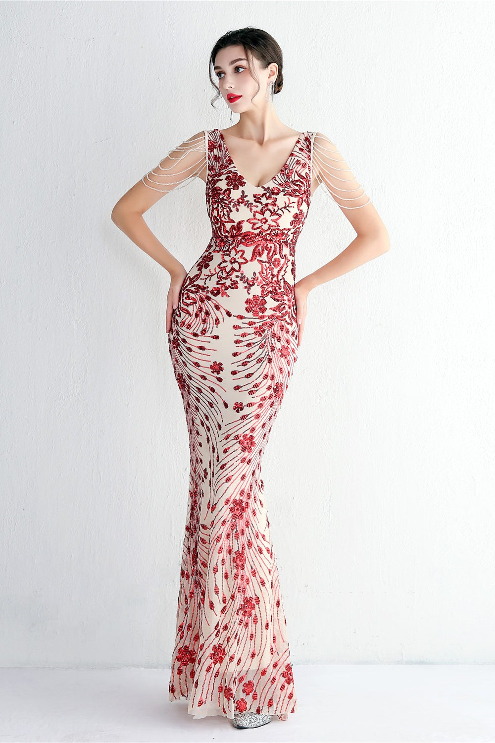 Sequin V-Neck Beaded Fringe Sleeve Mermaid Evening Gown
