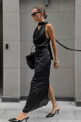 Black Satin Halter Maxi Dress - View 2