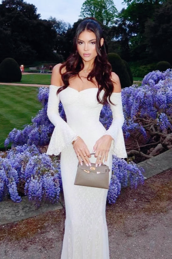 Lace Off Shoulder Bell Sleeve Sweetheart Mermaid Gown