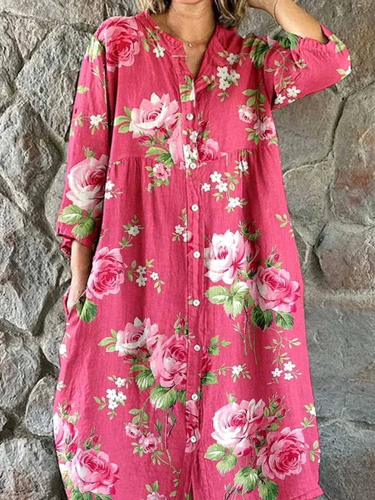 Rose Floral Button Front Long Sleeve Maxi Dress