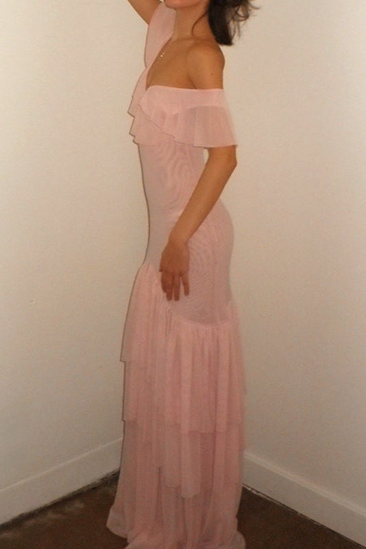 One Shoulder Ruffle High Split Tiered Maxi Dress