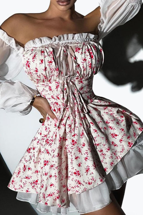 Off Shoulder Puff Sleeve Floral Print Fit and Flare Mini Dress