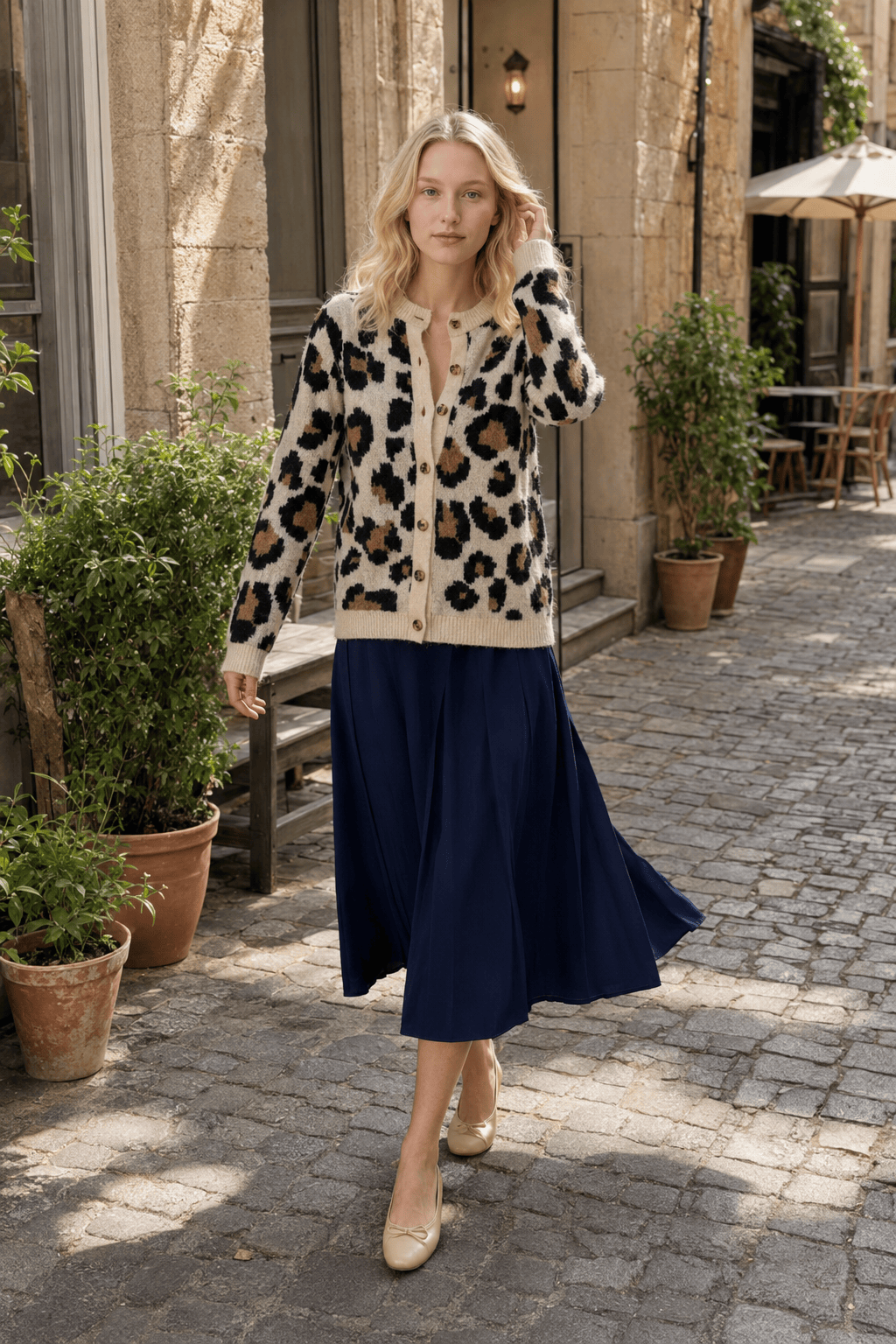 Leopard Print Crew Neck Button Front Knit Cardigan