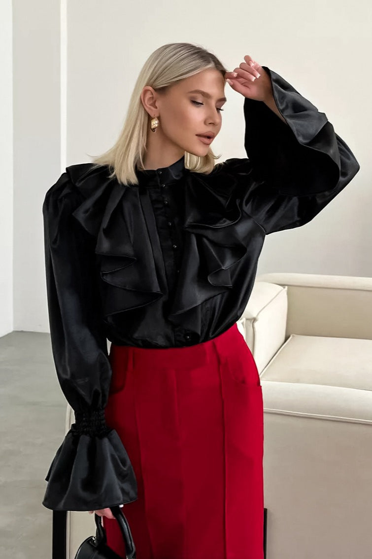Satin Ruffle Front Stand Collar Smocked Flare Cuff Button Blouse 6