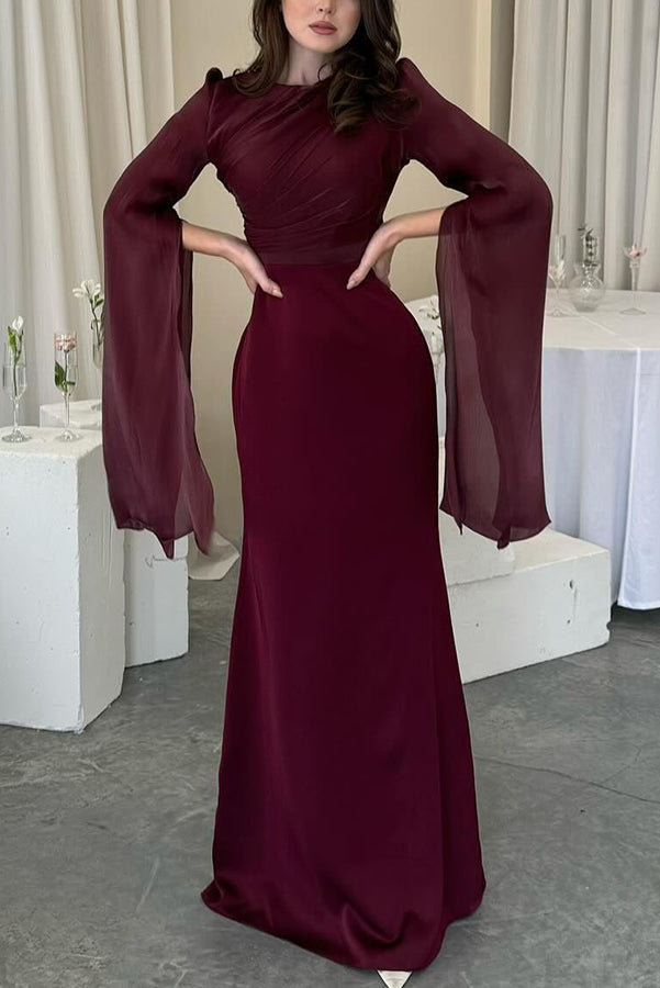 Liora Ruched Organza Satin Patchwork Long Bell Slit Maxi Dress - View 4