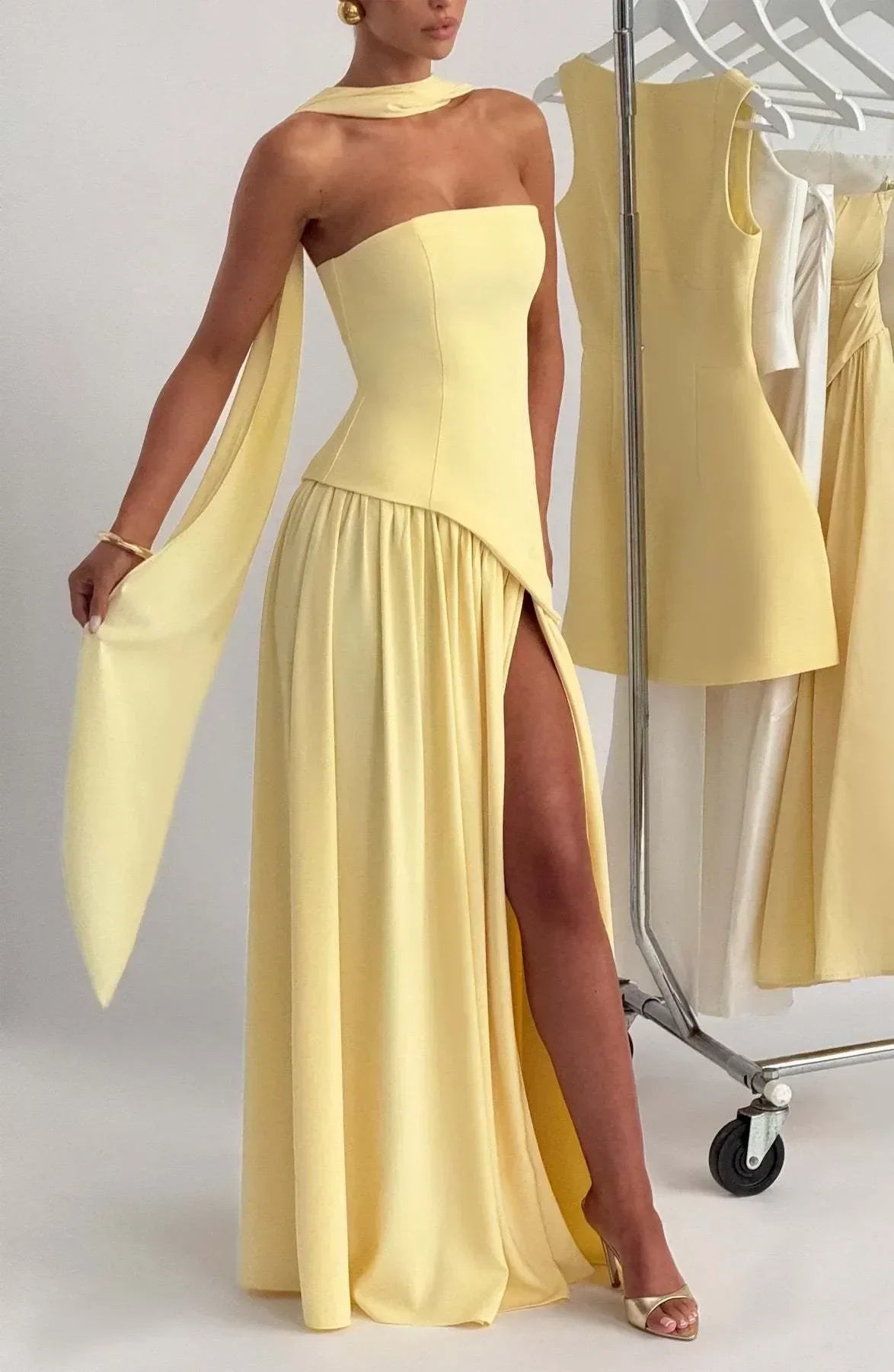 Strapless Asymmetric Drop Waist High Split Maxi Dress with Scarf 5