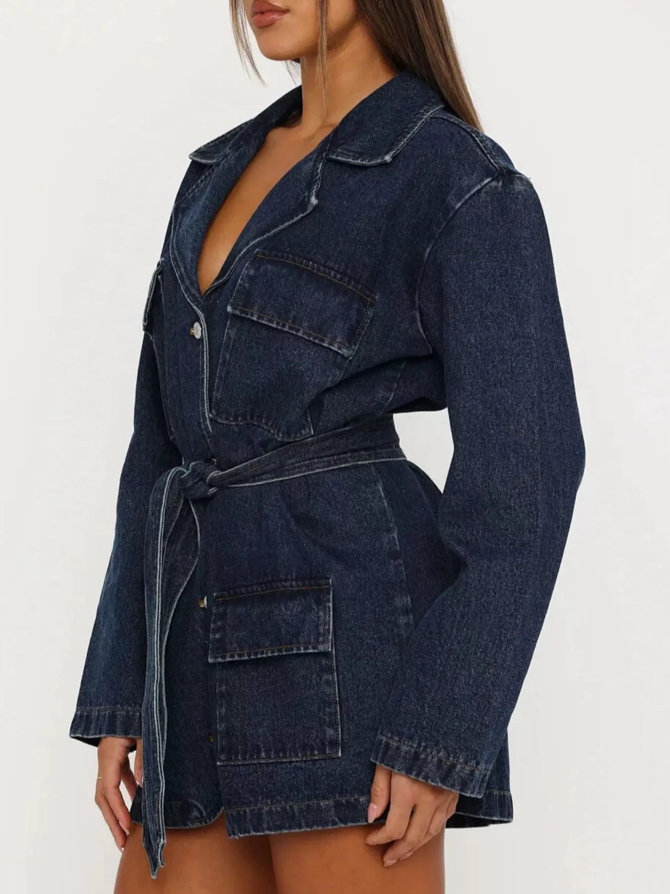 Long Sleeve Longline Denim Jacket with Belt