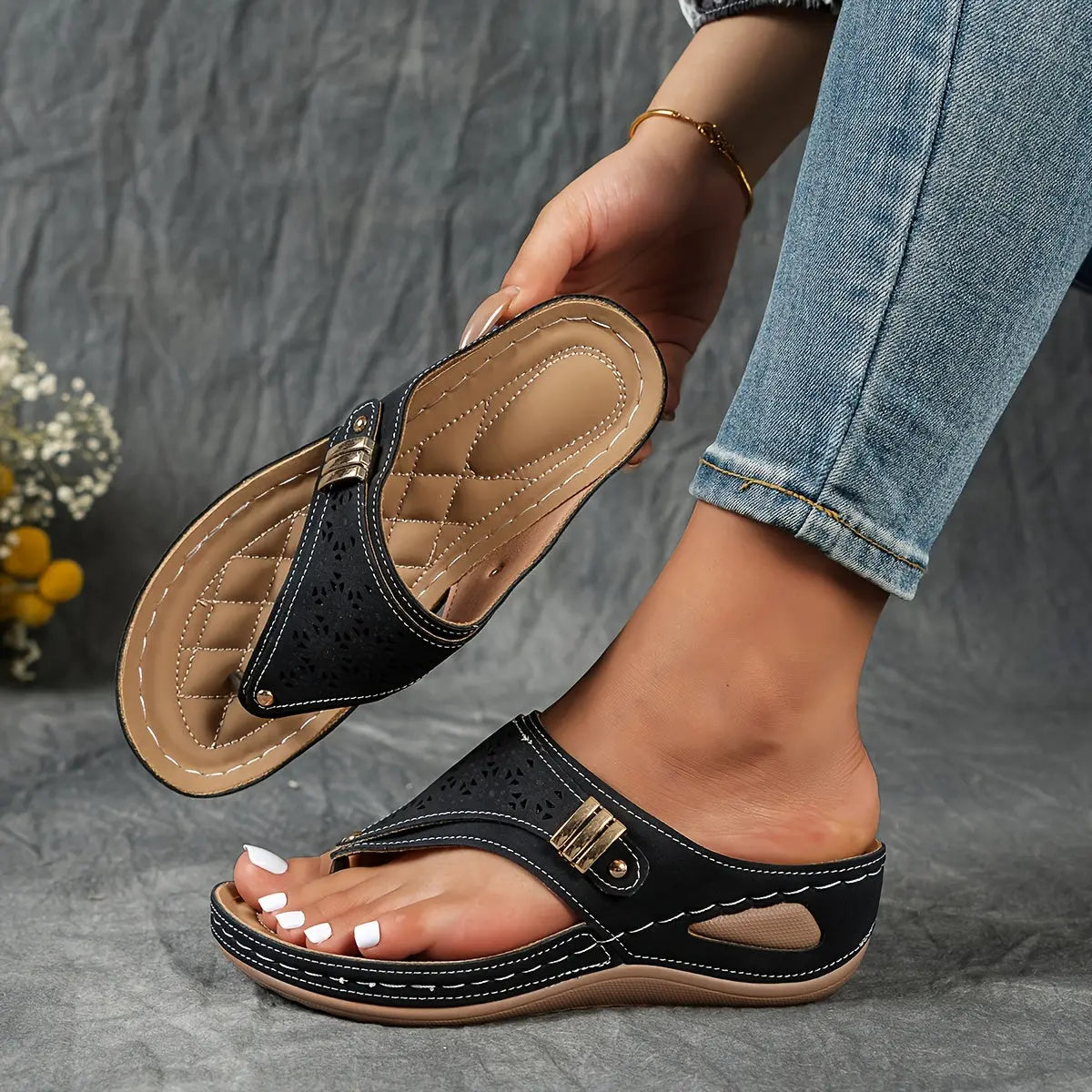 Cut Out Floral Thong Wedge Sandals