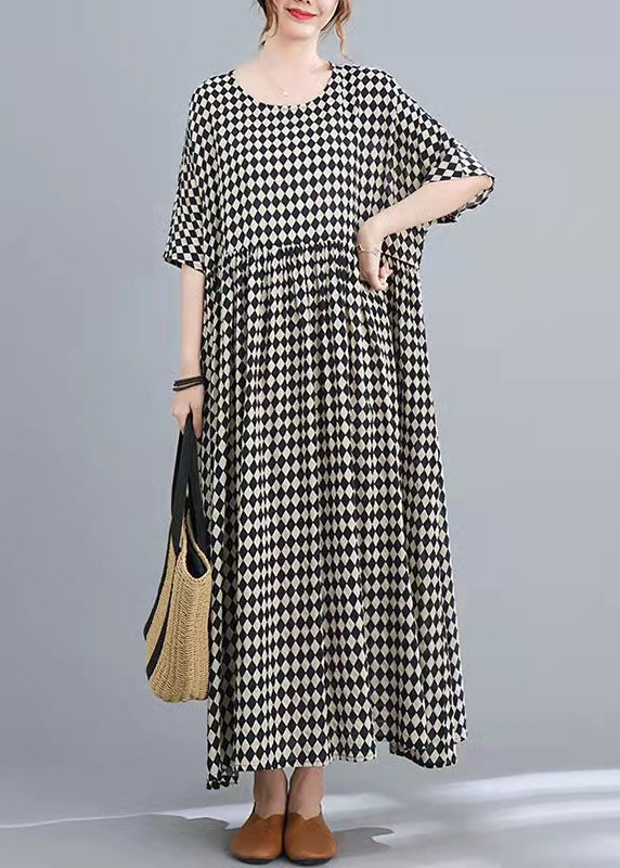Diamond Print Round Neck Short Sleeve Empire Waist Pleated Oversized Maxi Dress