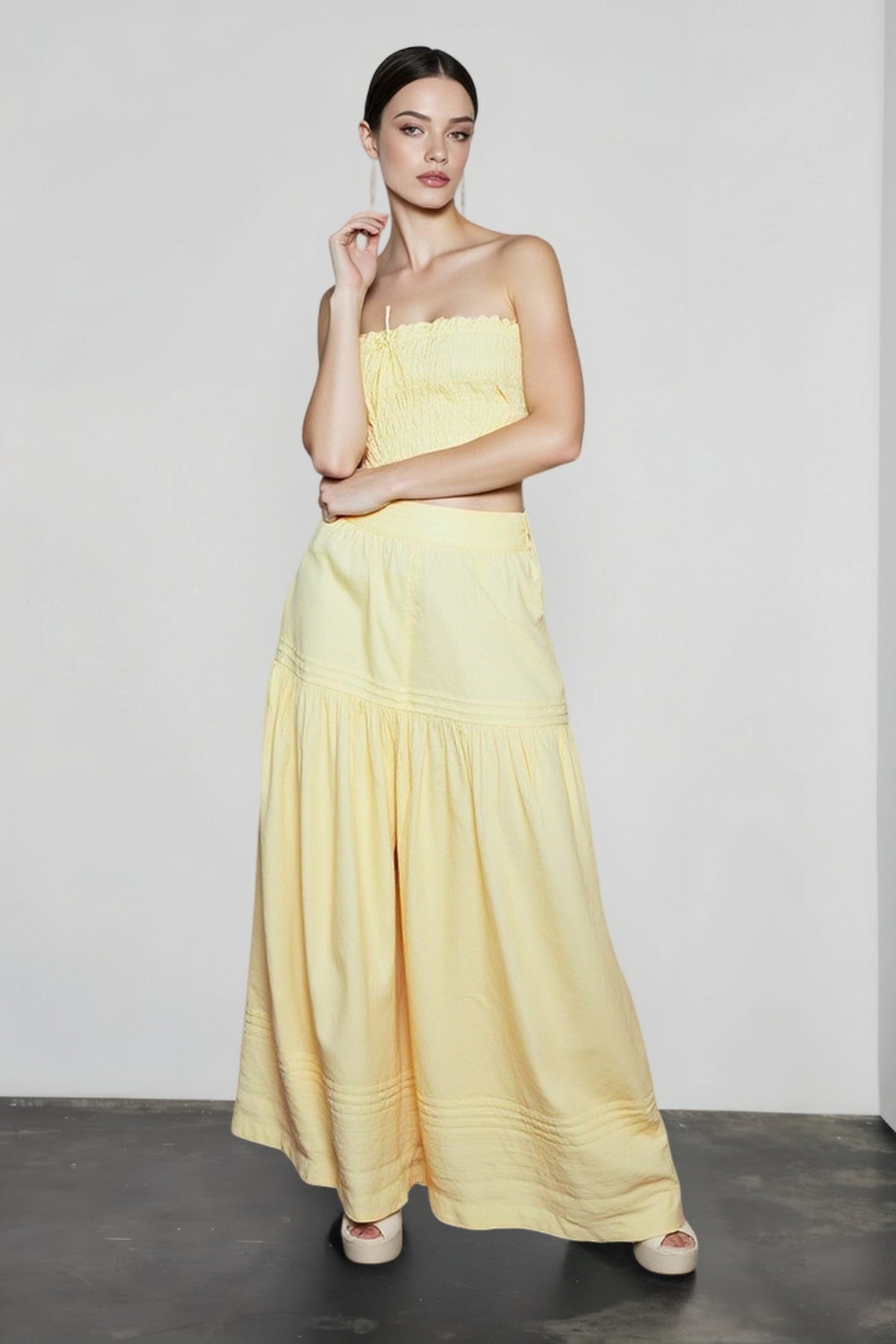 Strapless Smocked Crop Top and Tiered Maxi Skirt Two Piece Set