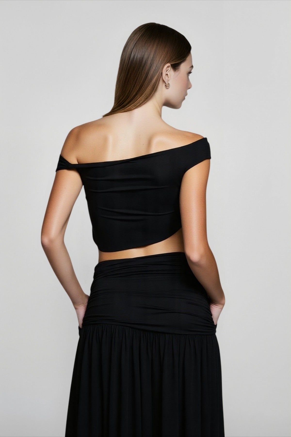 Off Shoulder Crop Top and Ruched High Split Maxi Skirt Two Piece Set 5