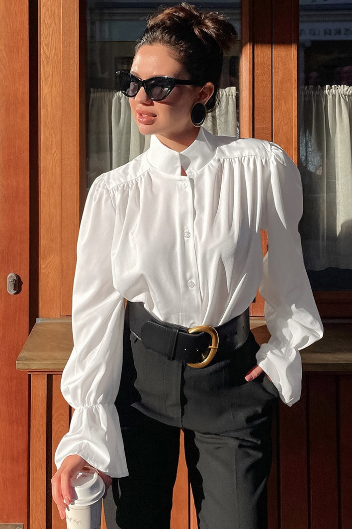 Stand Collar Gathered Shoulder Ruffle Cuff Long Sleeve Blouse