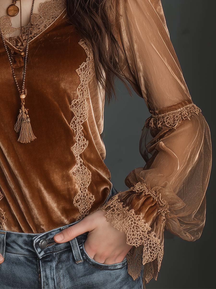 Caramel Velvet Lace Sheer Lantern Sleeve Top