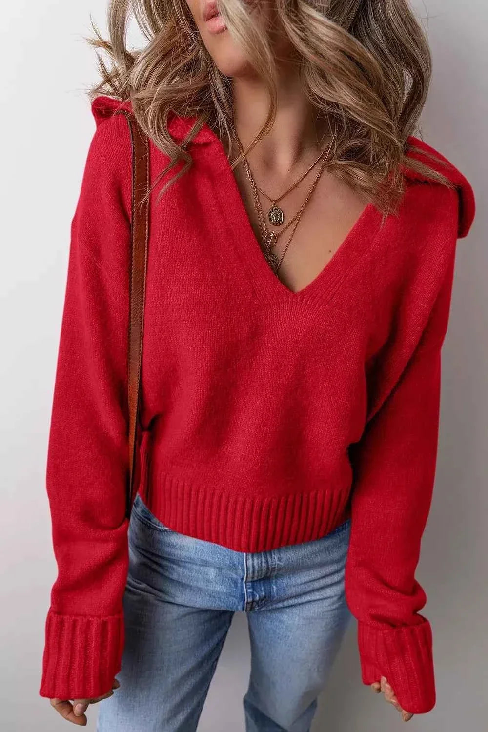 V-Neck Hooded Long Sleeve Ribbed Hem Knit Sweater