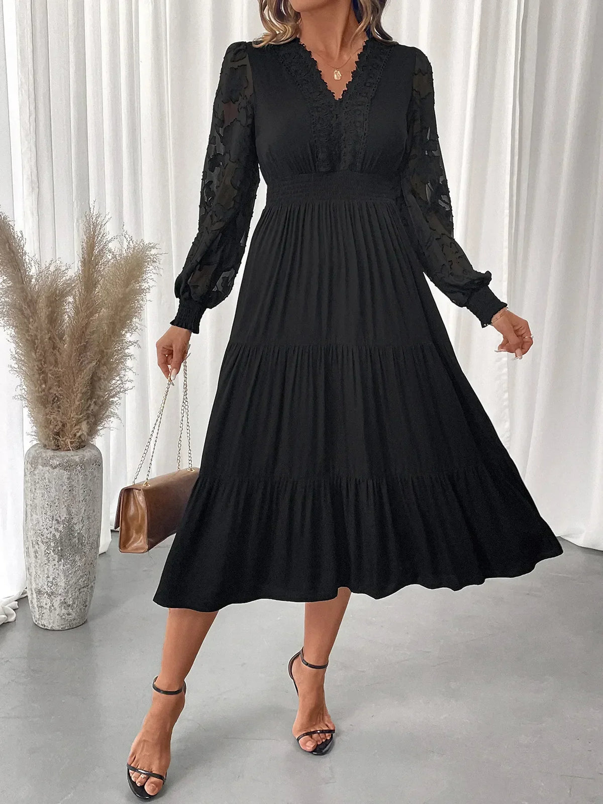 Lace Trim V-Neck Lantern Sleeve Smocked Waist Tiered Midi Dress 4