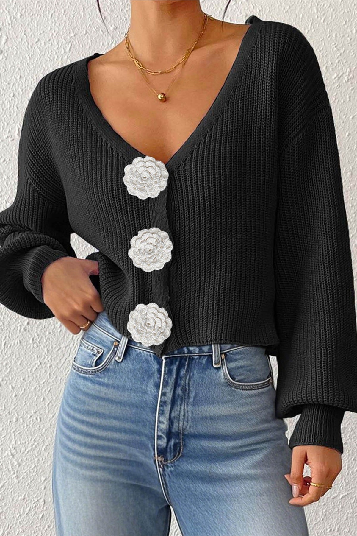 V-Neck Crochet Flower Button Front Ribbed Knit Cropped Cardigan 8