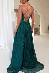 Cinderella Glitter Tulle Fabric Cowl Neck Back Lace-up Maxi Dress - View 8